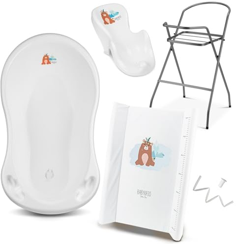 Babybadewanne mit Ständer 5 Set TÜV Rheinland geprüft - Babybadewanne + Baby Badewannensitz + Wickelauflage + Gestell + Abfluss
