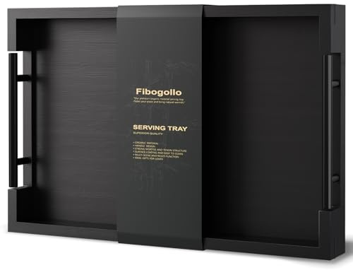 Fibogollo Bambus Serviertablett mit Metallgriff,38x25cm Rechteckig Tablett Frühstückstablett,Deko Ottoman-Tablett für Frühstück Geschirr Getränke,Mittel(Schwarz)