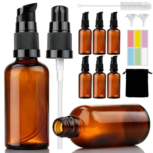mawmuaw 8 st. pumpflaska 50 ml pumpdispenser glas brun glasflaska tomma glasflaskor brun med pump tratt klistermärken rengöringsborste sammetspåse för aromaterapi kosmetika eteriska oljor