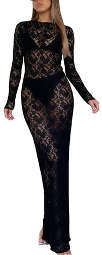 Women's Floral Lace Maxi Dress, Elegant Long Sleeve See Through Mesh Bodycon Evening Dress, Crew Neck Solid Floral Print Maxi Long Slip, Vintage Y2k Casual Dresses for Cocktail Clubwear Streetwear