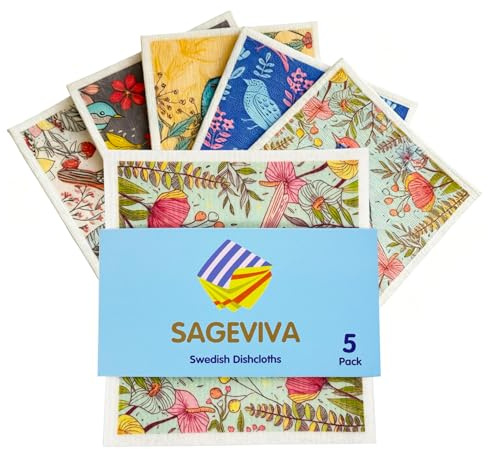 Sagevive Swedish Dishcloths 5-Pack | Reusable Paper Towels Alternative | Super Absorbent & Biodegradable Kitchen Sponges & Cloths for Cleaning | 5 Vibrant Patterns
