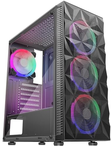 MOROVOL PC Case Pre-Install 4 RGB Fans, ATX Gaming Computer Case with Diamond-Shaped Mesh Front & Tempered Glass Side Panel, USB 3.0 Airflow Mid Tower case,621-B