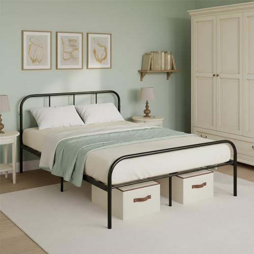 ZZINOKE Struttura Letto in Metallo, 140 x 190 cm, Letti Matrimoniali con Testiera e Piedi, Letto Matrimoniale, Rete in Metallo, Ampio Spazio di Archiviazione Sotto il Letto, Nero