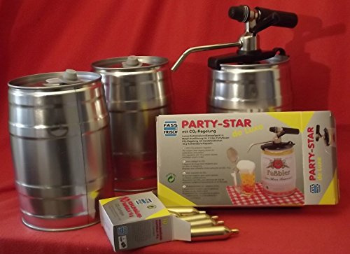 3 Neue (Leere) 5 Liter Partyfässer, inkl. Zapfgerät Party Star de Luxe und 10 CO² Kartuschen, für Ihr selbstgebrautes Bier