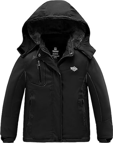 Wantdo Giacca da Sci Montagna Invernale Parka da Neve Caldo con Cappuccio Cappotto da Snowboard Giubbotto Impermeabile Bambina Nero 128-134
