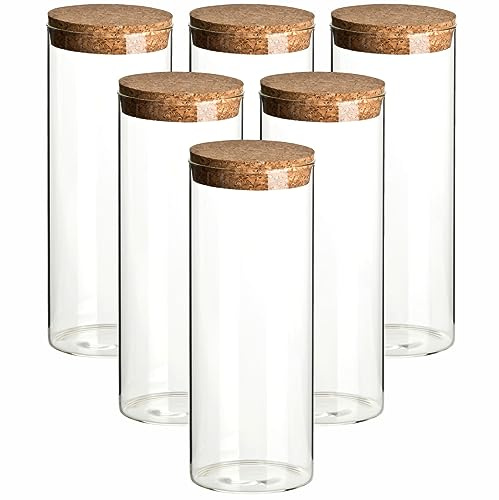gouveo 6er Set Vorratsdosen 1000 ml rund aus Borosilikatglas mit Korkverschluss - Glasbehälter mit Korken - Vorratsgläser, Pastaglas, Gewürzgläser