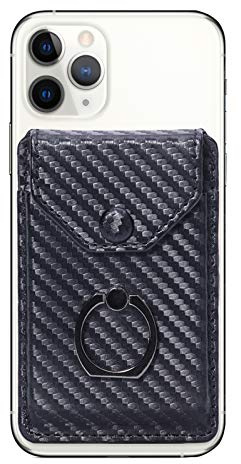 YUNCE Card Holder for Back of Phone Cell Phone Card Holder RFID Ring Stand Stick on Wallet iPhone Android and All Smartphones Adhesive Credit Card Holder Black