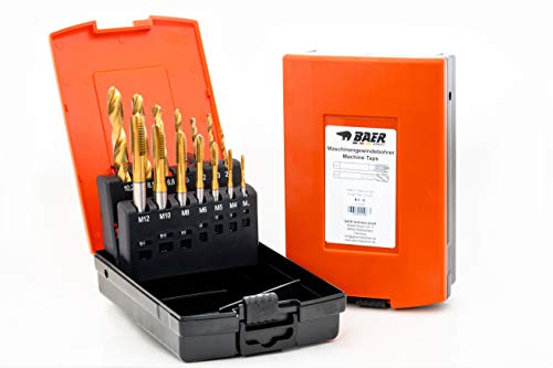 BaerCoil BAER Gewindeschneider Set HSSE-TIN: Maschinengewindebohrer Durchgangsloch - Kernlochbohrer: M 3-12 - Gewindeschneidset - Gewindebohrer Satz - TIN Gewindeschneider