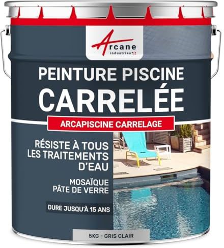 Peinture Piscine Carrelage, Mosaïque, Hydrofuge 5 kg Gris Clair | Carrelage, Mosaïque, Hydrofuge, Lessivable, Résiste aux Uv et aux Traitements des Eaux - Arcane Industries