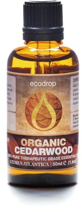 EcoDrop Cedarwood Essential Oil 50ml - Cosmos Certified Organic, 100% Pure, Atlas Cedarwood Oil, Therapeutic Grade for Aromatherapy