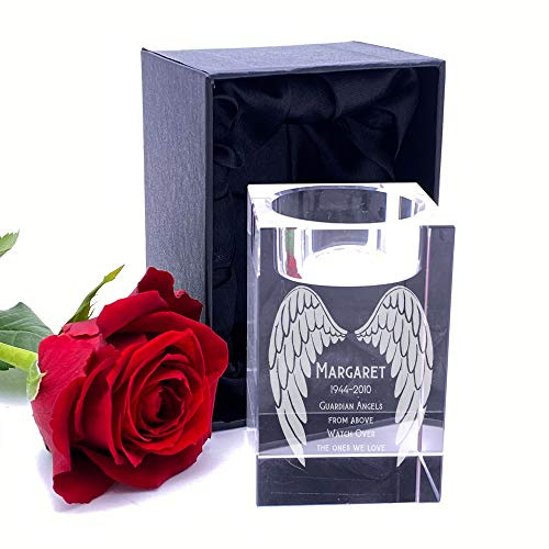 Personalised Crystal Glass Memorial Tea Light Candle Holder Guardian Angel Wings