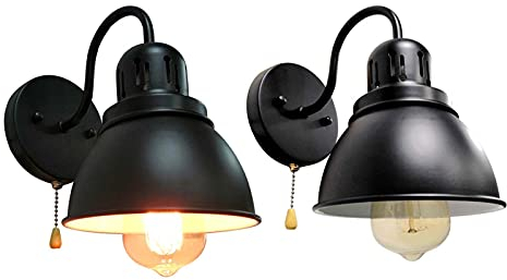 Wandleuchte Innen mit Schalter Vintage Industrielampe, E27 Wandlampe mit Zugschalter Retro Metall Lampenschirm Wandbeleuchtung für Schlafzimmer Wohnzimmer Esszimmer Flur Treppenhaus Loft, Schwarz-2Stk