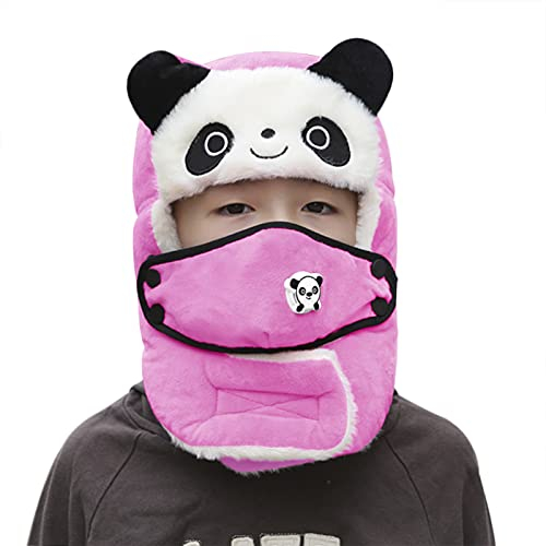 FakeFace Unisex Kinder Fliegermütze Skimütze Fellmütze Winddicht Wintermütze Schirmmütze mit Ohrenschutz Mundschutz Winter Outdoor Sport Rad,Motorrad Fahren,Skifahren Pilotenmütze (Pink-Panda)