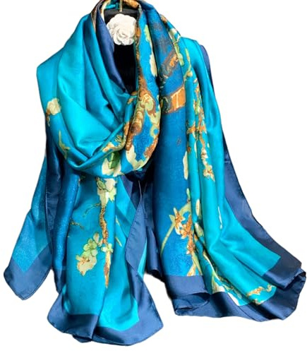 WEIGEER Silk Women Shawl Head Wrap Thin Scarf Lady Hijab Belt Vintage Painting Bridal Chiffon Muslim Colorful Cloth Floral Chain Blue/Brown 180 * 90CM