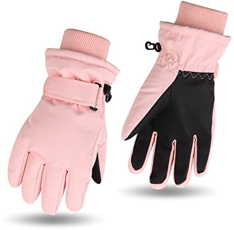 JANGANNSA Winter Kids Ski Gloves Boys Girls Cold Weather Snow Glove Waterproof Ski Snowboard Gloves with Fleece Lining(Solid Skin Pink,4-6Years)
