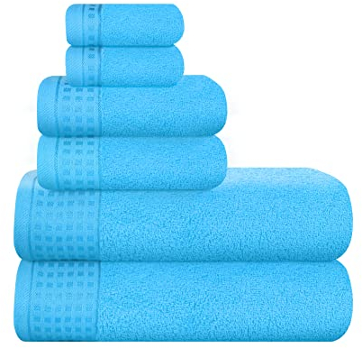 GLAMBURG Ultra Soft 6er-Pack Baumwoll-Handtuch-Set, enthält 2 übergroße Badetücher 70 x 140cm, 2 Handtücher 40 x 60cm und 2 Waschbetten 30 x 30cm, Umweltfreundlich und 100% recycelbar, Türkis Blau