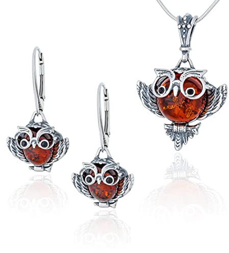 AMBEDORA Damsmyckesset Wise Owls, oxiderad sterlingsilver, baltisk bärnsten i konjak, silverhänge med kedja och örhängen, Sterlingsilver, Bärnsten