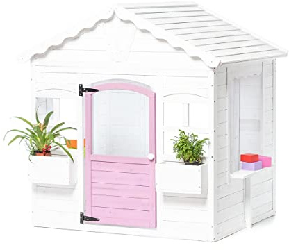 Maison Enfant Bois FSC Princess Jardin, 123 x 106 x 125 cm, 3 Fenêtres, Toit Pignon, Porte Magnétique