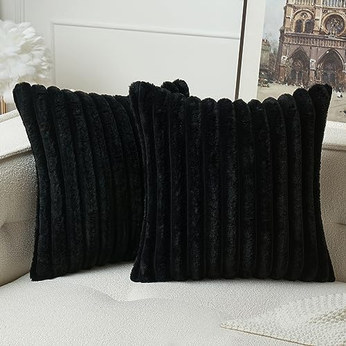 MIULEE 2er Set Kissenbezug 45×45cm Breitstreifen Plüsch Schwarz