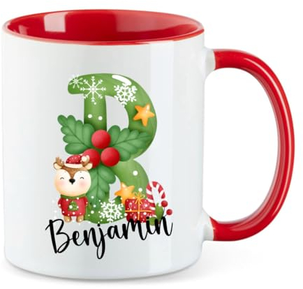 minimutz Tasse de Noël pour enfant avec nom personnalisé | Tasse à café en céramique pour fille et garçon | Tasse à thé alphabet de Noël ABC (rouge)