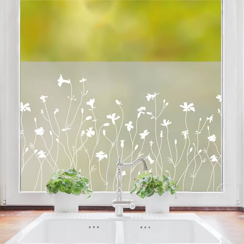 Sichtschutzfolie Wildblume Wiederverwendbar Wiese florale Fensterfolie Fensterdeko Milchglasfolie, 55 cm hoch, 50 cm breit