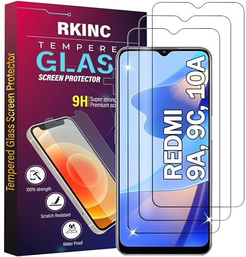 RKINC Protector pantalla [3 Piezas] para Xiaomi Redmi 9A, Xiaomi Redmi 9C, Redmi 10A, Cristal templado película de vidrio, 9H 0.33 mm [Garantía de por vida][Anti-rasguño][Anti-rotura][Sin burbujas]