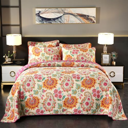YASMENG 100% Cotton Boho Quilt Set King Size Gorgeous Paisley Floral Patterned Quilt Bedspread 106x98 Bohemian Vibrant Exotic Ethnic Mandala Coverlet Bedding Set 3 Pieces for All Seasons