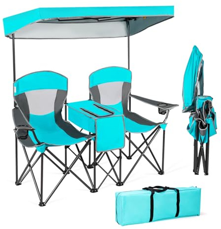 KOMFOTTEU Silla de Camping Plegable para 2 Personas, Silla de Pesca con Toldo Ajustable, Mesa Lateral y Soporte para Bebidas, con Bolsa de Transporte (Turquesa)