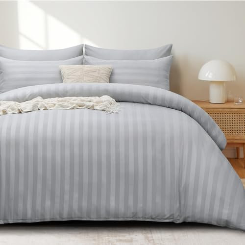 Tifschlaf Double Duvet Set - Satin Stripes Bedding Double Bed Set with 2 Pillowcases, Ultrasoft Reversible Duvet Cover with Zipper Closure, Grey (200x200)