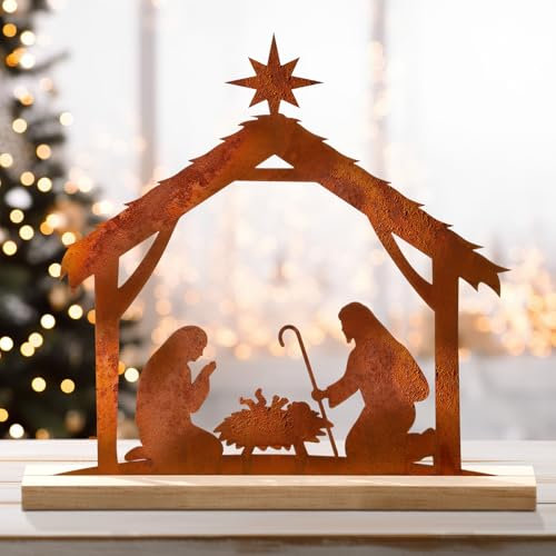 MorningRo Große Weihnachtskrippen-Set, Weihnachtsdekoration, für den Innenbereich, rostige Metall-Krippe, Bauernhaus, rustikale Menschen, Krippen-Set für Weihnachten, Urlaub, Zimmer, Zuhause,