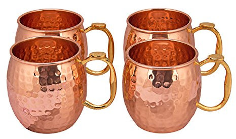 Aakrati Tazas de cobre (juego de 4) | Calidad premium | 475 ml | Mule de cobre macizo de Moscú, acabado martillado, brillo extra | Producto 100% genuino | PATIO