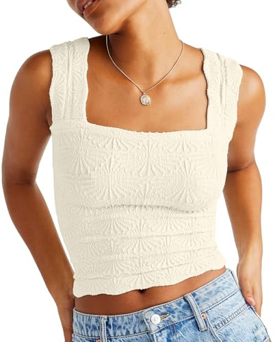 DouBCQ Women Cute Crop Tank Top Square Neck Wide Strap Vest Slim Fit Floral Lettuce Trim Cropped Cami Tops (Beige, S)