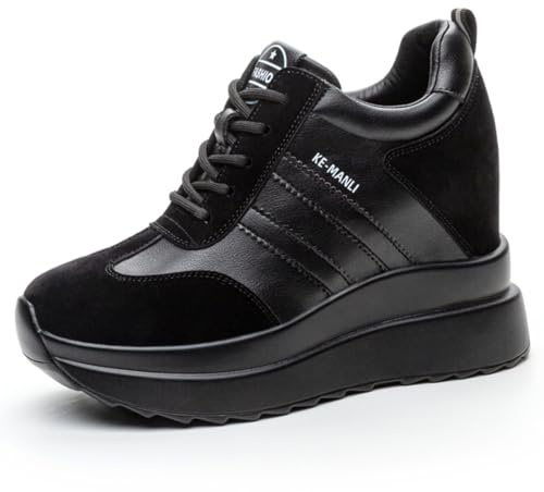 MIEHUIAI Baskets à Talon Compensées Femmes Plateforme Chaussures de Sport Mode Cuir Baskets Casual Lacets Sneakers à L'intérieur Hausse Talon de 10 cm(Noir,Taille 37)