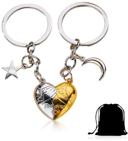 Portachiavi a forma di cuore, 1 paia portachiavi magnetico per coppie, Portachiavi Sole e Luna in Acciaio Inox, Portachiavi dell'Amicizia, regalo per coppie, regalo di anniversario San Valentino