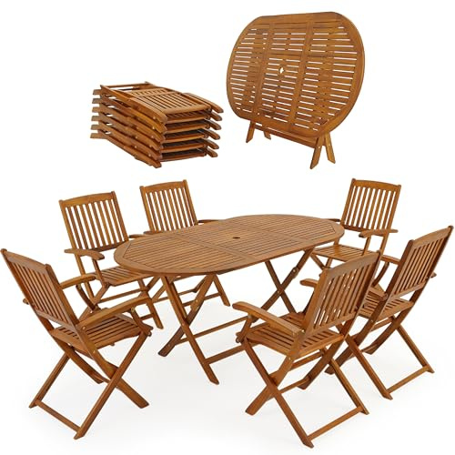 Casaria® Set 1 Tavolo 6 Sedie da Giardino 160x85 cm in Legno di Acacia Pieghevole Salvaspazio con Foro Ombrellone 7 Pezzi Balcone Terrazza Mobili da Esterno