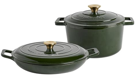 Argon Tableware 2.3L & 4.68L Shallow Cast Iron Casserole Dish Set with Self-Basting Lids - Green - Induction Hob Cooking Dutch Oven Bread Baking Serving Roasting Stew Stock Pot Cookware Pan