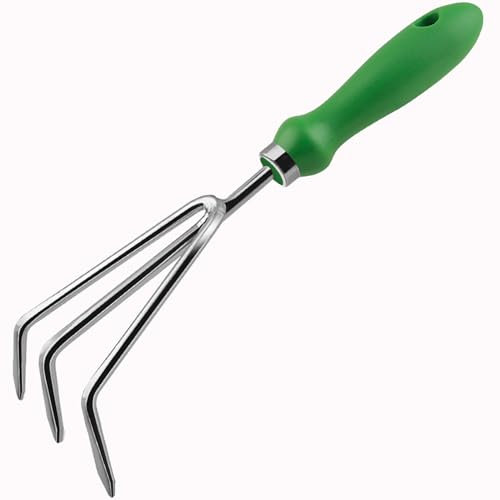 Garden Rake Heavy Duty Stainless Steel Hand Rake Gardening Tools 3 Prong Hand Claw with Ergonomic Handle Soil Tiller Garden Fork Cultivator for Garden Weeding Turning Soil