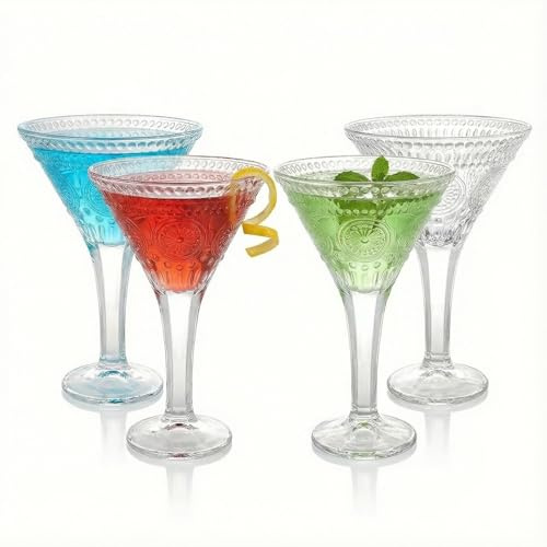 Kingrol Martini Glasses Set of 4, 8.5 oz Cocktail Glasses with Elegant Embossed Design, Vintage Stemmed Glassware for Martini, Cosmopolitan, Manhattan, Home Bar & Parties