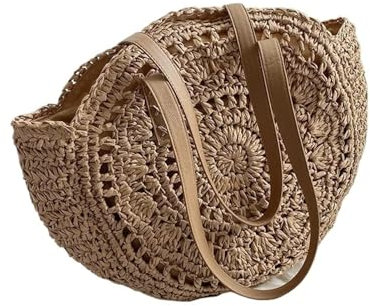 Bolso de Mano de Mujer Bolsos Redondos de Paja for Mujer, Bolso de Hombro de ratán, Bolso de Playa Tejido a Mano, Bolso de Mano de Gran Capacidad for Mujer.(Khaki Hollow)
