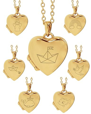 Kette Mädchen Kommunion Geschenk, Kinder Medaillon Herz zum Öffnen mit Bild | Silber 925 und Gold / Rosegold, Halskette 38cm, Foto Service & Gravur Symbol Name personalisiert