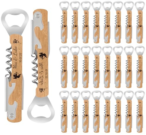 24 Unidades Abrebotellas de Madera Personalizado con Sacacorchos - Detalles de Boda para Invitados en Natural | Abridor de Vino & Regalos Nupciales Multifunción