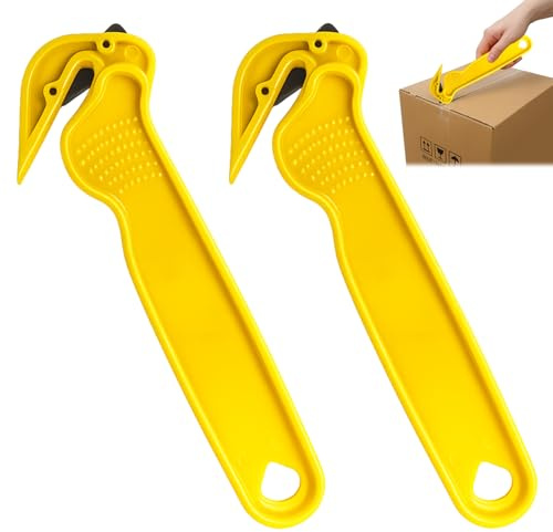 2PCS Safety Knife, Box Cutter Safety Knife, Box Opener, Yellow Hook Knives, Cardboard Cutter, Utility Knives Blades for Cardboard, Warehouse, Packaging (Set of 2)