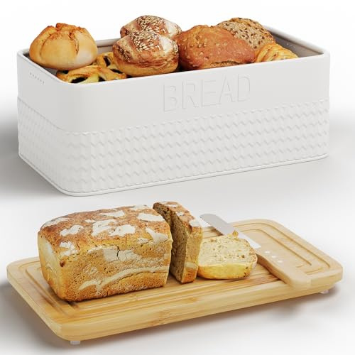 Furshus Bread Box for Kitchen Countertop,Metal Bread Storage Bin with Bamboo Cutting Board Lid, Includes Bread Knife, Fits Sourdough & Buns, Stylish Organize (White)
