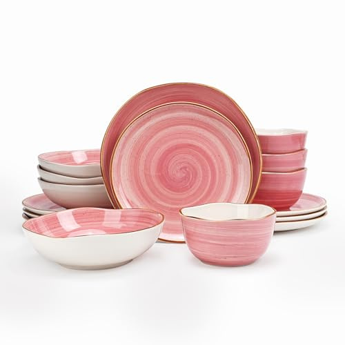 Juego de vajilla Highland de 16 piezas para 4 personas, platos y cuencos de cerámica orgánica, resistente a arañazos, apto para microondas y lavavajillas, efecto moteado artesanal, color rosa espiral.
