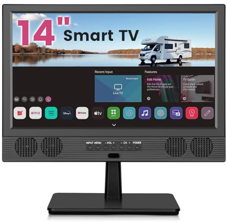 KCR Kleiner Smart TV, 14,0 Zoll unter TV Schrank, Smart TV mit DVB-T2 USB HDMI Fernbedienung, für Küche, Wohnmobil, Boot, LKW, Spielzimmer, Schlafsaal