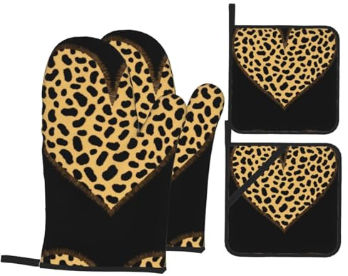 YYHWHJDE Set di 4 guanti da forno e presine con stampa leopardata con motivo a cuore doppio amore e presine da cucina spessi e durevoli, anti-scottatura e termoisolanti