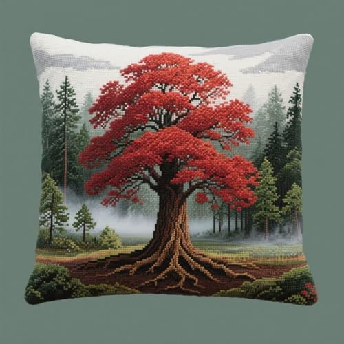AxiangziK Landschaft Kreuzstich Set Vorgedruckt,Ein roter Ahornbaum,Gobelin Stickbilder Kreuzstich Kissen Stickkissen Kreuzstichkissen/Stickkissen-Set,45x45cm