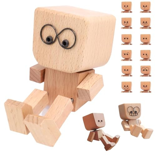Sfbnjr Wackelnder Holzmann Auto,SchüTtelmann Holz,Drachenkind Holzfigur, HolzmäNnchen Mit Wackelbeinen,Funny Car Ornaments Wooden Desk Decoration with 12 Magnetic Face Expressions (1)