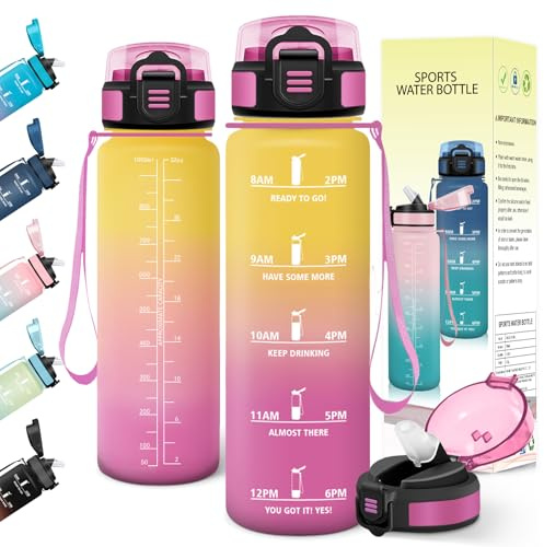 Baramumu Trinkflasche 1l, mit strohhalm, Trinkflasche Kohlensäure Geeignet, Mit Zeitstempel, Wasserflasche, Auslaufsicher, Flasche, Wasserflasche 1l, für Fahrrad, Outdoor, Fitness, Gelb-Rosa