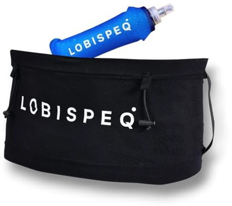 LOBISPEQ Kompressions-Laufgürtel für Herren + Rückenstütze + Stockhalter + einzigartige Tasche 360° | Laufgürtel für Herren | Trail Running Wandern Training, Schwarz , M + SOFT FLASK, Einzeltasche +